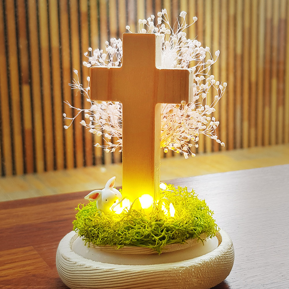 LED 원목 십자가 - 프리저브드 드라이플라워 무드등